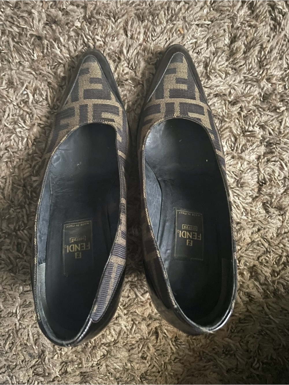 Fendi Zucca Monogram Pointed Toe Flats in Brown and Black
